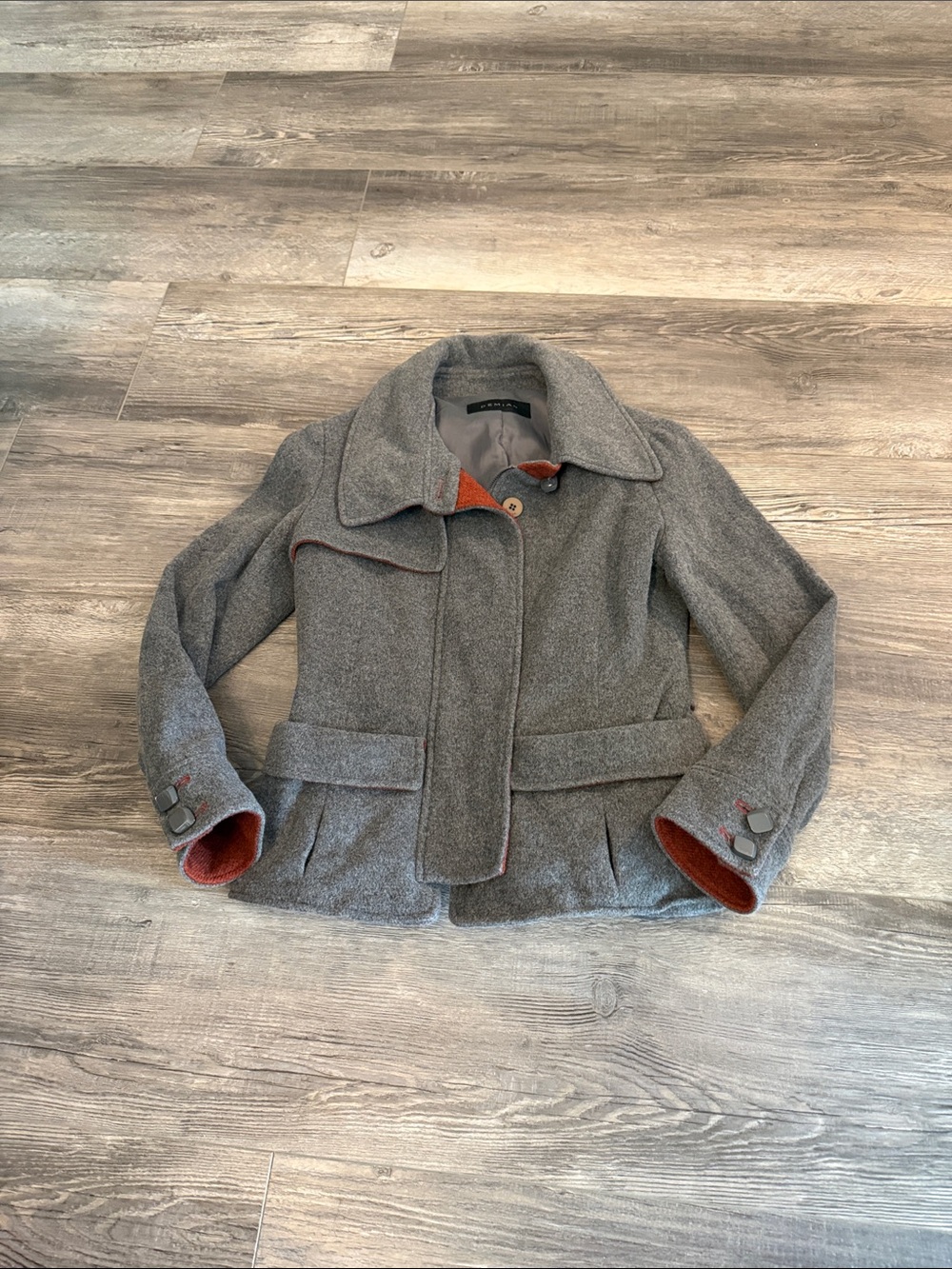 Demian Wool‎ Blend Gray Short Peacoat with Rust Trim